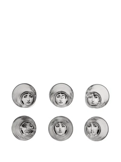 Fornasetti Tema E Variazioni Face-print Glass (set Of Six) In Gray