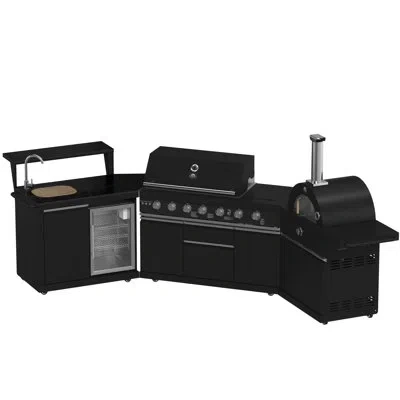 Forno All'aperto With Black Sintered Stone Countertops, 87,600 Btu Bbq, Sink & Bar Module, Gaz Pizza Oven