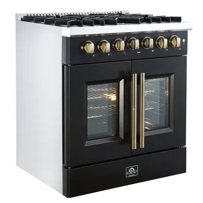 Forno Galiano 30" French Door Dual Fuel Range, White Or Black & Antique Brass, 4.32 Cu.ft. True Convection
