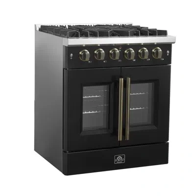 Forno Galiano 30" French Door Gas Range, Black Or White & Antique Brass, 4.32 Cu.ft. Convection Oven
