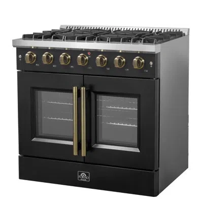 Forno Galiano 36" French Door Gas Range, Black Or White & Antique Brass, 5.36 Cu.ft. Convection Oven
