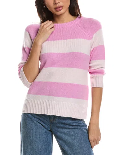 Forte Cashmere 3/4-sleeve Wide Stripe Crewneck Cashmere Sweater In Pink