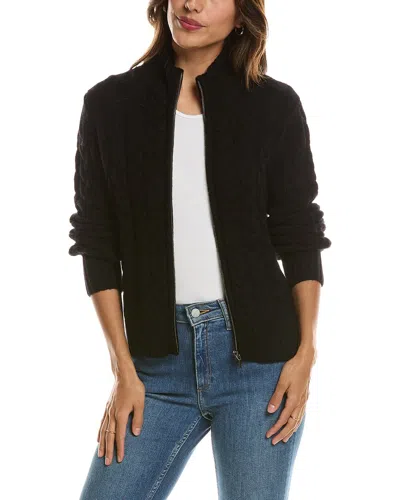 Forte Cashmere Cable Zip Mock Neck 100% Cashmere Cardigan In Black
