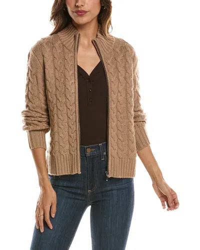 Forte Cashmere Cable Zip Mock Neck 100% Cashmere Cardigan In Brown