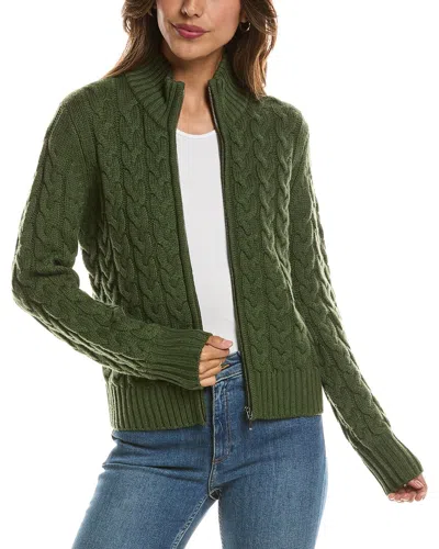 Forte Cashmere Cable Zip Mock Neck 100% Cashmere Cardigan In Green