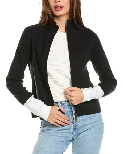Forte Cashmere Contrast Trim Zip Mock Cardigan In Black
