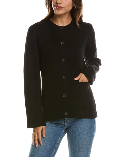 Forte Cashmere Double Knit Button Crew Wool & Cashmere-blend Cardigan In Black
