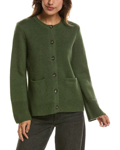 Forte Cashmere Double Knit Button Crew Wool & Cashmere-blend Cardigan In Green