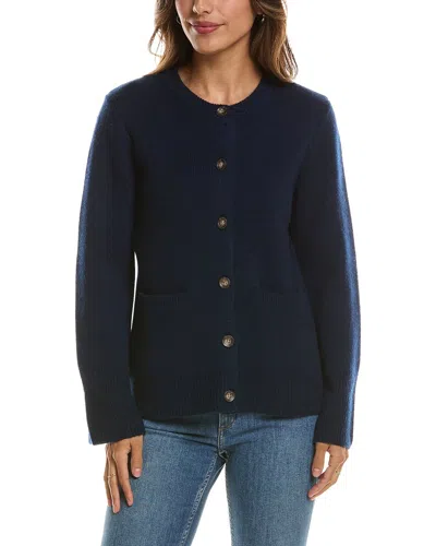 Forte Cashmere Double Knit Button Crew Wool & Cashmere-blend Cardigan In Blue