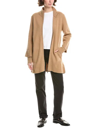 Forte Cashmere Doubleknit Zip Mock Wool & Cashmere-blend Cardigan In Brown