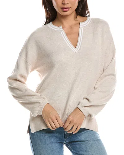 Forte Cashmere Gathered Sleeve Split Neck Cashmere-blend Sweater In White
