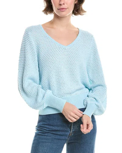 Forte Cashmere Gathered Sleeve Stripe V-neck Sweater In Blue