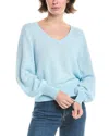 Forte Cashmere Gathered Sleeve Stripe V-neck Sweater In Blue