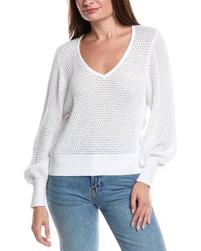 Forte Cashmere Gathered Sleeve Stripe V-neck Sweater In White