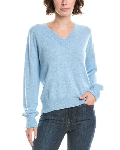 Forte Cashmere Gathered Sleeve V-neck Cashmere Sweater In Blue