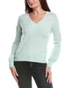 Forte Cashmere Gathered Sleeve V-neck Cashmere Sweater In Green