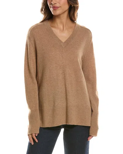 Forte Cashmere Hi Low Easy V-neck 100% Cashmere Sweater In Brown