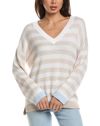 Forte Cashmere High-low Stripe V-neck Cashmere-blend Sweater In Neutral