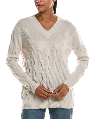 Forte Cashmere Long Cable V-neck 100% Cashmere Sweater In Neutral