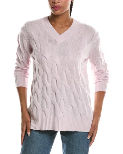 Forte Cashmere Long Cable V-neck 100% Cashmere Sweater In Pink