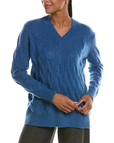Forte Cashmere Long Cable V-neck Cashmere Sweater In Blue