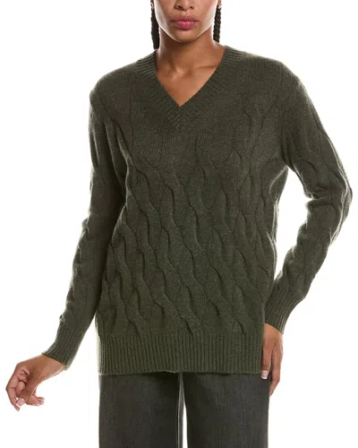 Forte Cashmere Long Cable V-neck Cashmere Sweater In Green