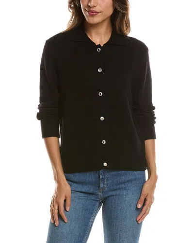 Forte Cashmere Rib Trim Wool & Cashmere-blend Polo Cardigan In Black