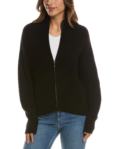 Forte Cashmere Rib Zip Mock Neck 100% Cashmere Cardigan In Black