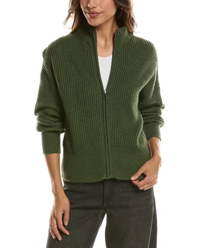 Forte Cashmere Rib Zip Mock Neck 100% Cashmere Cardigan In Green