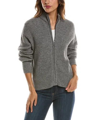 Forte Cashmere Rib Zip Mock Neck 100% Cashmere Cardigan In Gray
