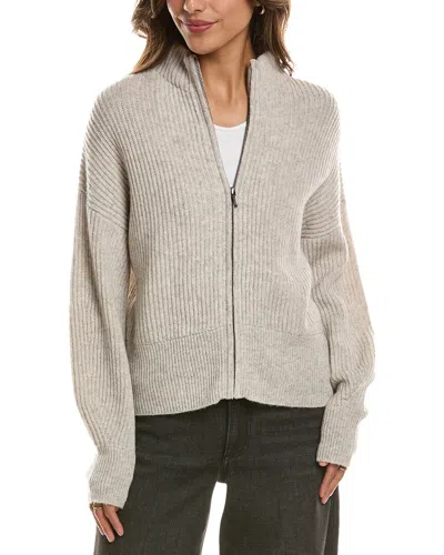 Forte Cashmere Rib Zip Mock Neck 100% Cashmere Cardigan In Gray