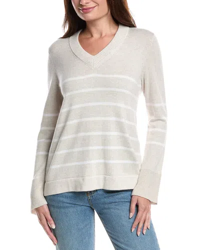 Forte Cashmere Stripe V-neck Sweater In Gray