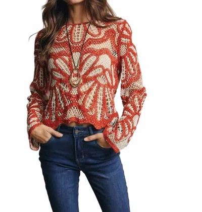Forte Crochet Floral Design Sweater In Dark Orange In Multi