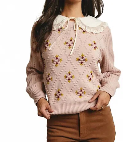 Forte Embroidered Puff Sleeve Knit Sweater In Pink/white In Multi