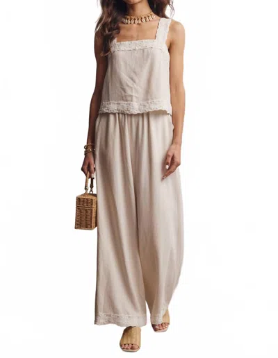 Forte Embroidered Square Neck Tank And Wide Leg Pants Set In Oatmeal In Neutral