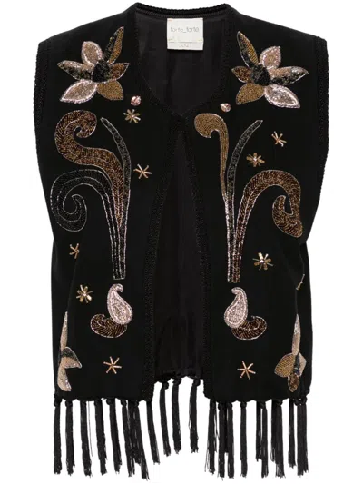 FORTE FORTE BEAD-EMBELLISHED FRINGED GILET