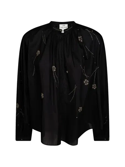 Forte Forte Embroidered Cotton Blouse High Neck Long Sleeves In Black