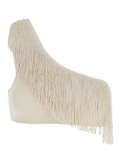 Forte Forte Beige One-shoulder Top With Fringe Embellishments In Tech Fabric Stretch Woman