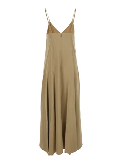 FORTE FORTE BEIGE SLEEVELESS LONG DRESS WITH V NECK AND SINGLE FRONT AND REAR SLIT IN TECH FABRIC WOMAN