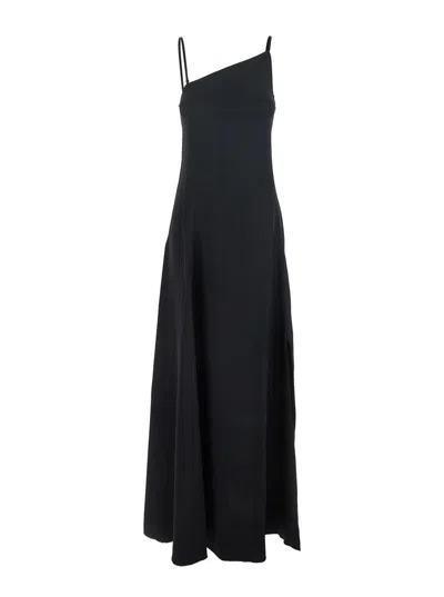 Forte Forte Black Long Flared Dress With Asymmetric Neckline In Tech Fabric Woman