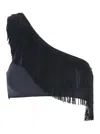 Forte Forte Black One-shoulder Top With Fringe Embellishments In Tech Fabric Stretch Woman