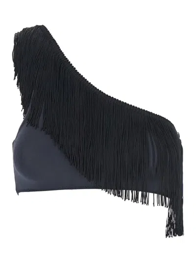 Forte Forte Black One-shoulder Top With Fringe Embellishments In Tech Fabric Stretch Woman
