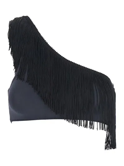FORTE FORTE BLACK ONE-SHOULDER TOP WITH FRINGE EMBELLISHMENTS IN TECH FABRIC STRETCH WOMAN