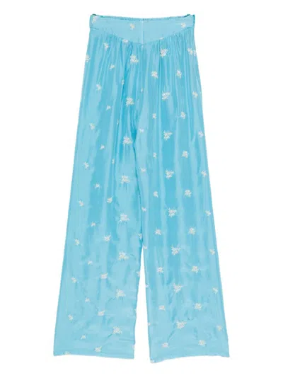 Forte Forte Silk Trousers Floral Embroidery Wide Leg In Blue