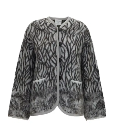 Forte Forte Brushed Knit Cardigan With Abstract Pattern In Gray