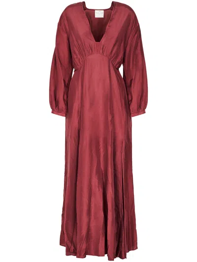 Forte Forte Burgundy Habotai Silk Midi Dress With Puffed Sleeves In Red