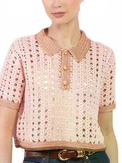 Forte Forte Cable Lux Handmade Crochet Cropped Polo In Petalo In Pink