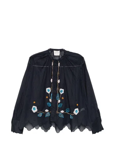 Forte Forte Camicia Blu My Shirt Con Ricami Floreali E Perline  In Blue