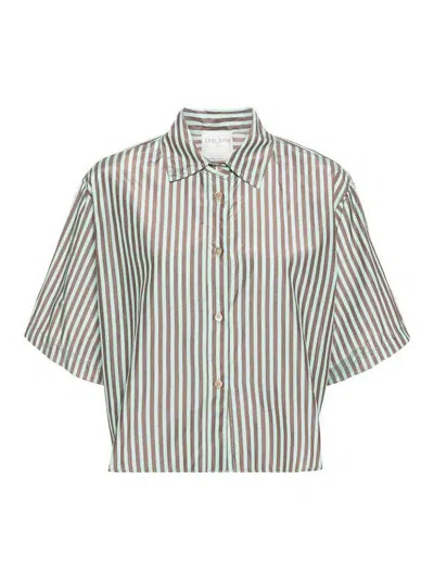 Forte Forte Striped Chic Taffetas Half Sleeve Boxy Shirt In Brown