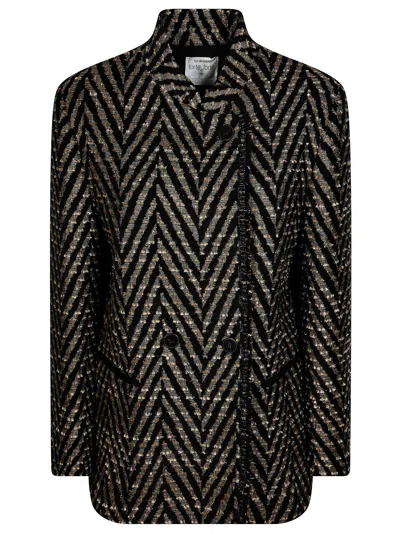 Forte Forte Chevron Jacquard High Collar Oversized Jacket In Black